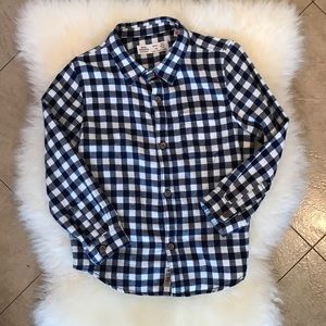 Blue and white checked flannel shirt